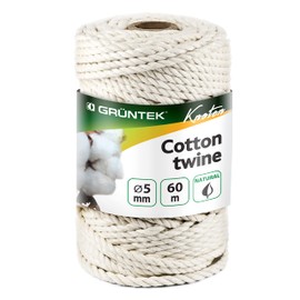 GRÜNTEK Cotton Cord 5 mm, 60 Metres, Binding Yarn, Cord, Cotton Garden Cord, Macrame Yarn Craft Cord, Cord Roll Natural Colour, 100% Cotton