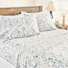 Elegant Cotton 100% Pure Organic Cotton Sheets Set King Size - Blue Botanical Leaves Pattern Print Super Soft Sheet - 4 Piece Set - Fitted Sheet, Flat Sheet & 2 Pillow Covers - King