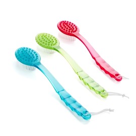 AIMALL 3 PCS Plastic Bath Brushes (Red, Green, Blue) with 14-Inch Long Handle - Gentle Exfoliating Body Scrubber for Shower and Bath