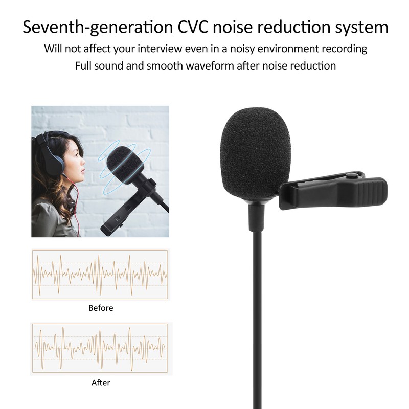 Lavalier Microphone Deep Noise Reduction Clip On Lapel Mic for