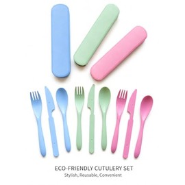 Set 3 juegos de Cubiertos Reutilizables Portátiles con Estuche, 3 Juegos de Tenedor Cuchara Cuchillo de Plástico, Azul, Verde y Rosa, para Viaje Picni