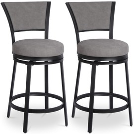 FLYZC Bar Stools, Modern Counter Height Barstools Set of 2, 25" Faux Leather Round Swivel Bar Stools with Back, Upholstered Metal Bar Chairs for Kitchen Island, Kitchen Counter, Pub, Grey