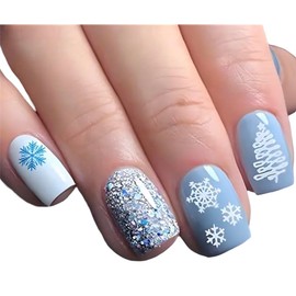 24Pcs Christmas False Nails - Press on XMAS Nails - Blue White Fake Nails with Snowflakes, Trees & Glitter - includes Gel Stickers AND Nail Glue XMAS03
