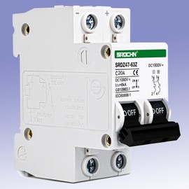 Circuit Breaker DC Solar Photovoltaic 2-Pin 20A 1000V, DC Circuit Breaker LS Switch for Solar PV System Solar Cells Grid System, 35 mm DIN Rail Mounting