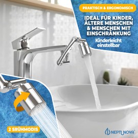NEPTUNOVA® Tap Attachment 1440 Degree Swivelling - Tap Extension for Kitchen & Bathroom - Universal & Water Saving Aerator Made of Chrome-Plated Brass - BPA Free