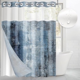Nesphy No Hook Grey Navy Blue Painting Shower Curtain with Snap in Fabric Liner Set, Abstract Double Layers Waterproof Fabric with See Through Top Window Open Grommet Bath Curtain 71x74 Inch