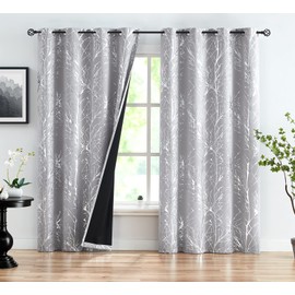 FMFUNCTEX Silver Branch Blackout Curtains Grey for Bedroom Living Room 96" Length Metallic Print Tree Curtain Panels for Men Guest Room Energy Saving Thermal Window Treatment Set 2 Pack