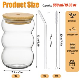 Forbabe Matcha latte glass, 2 pieces, 550 ml glass cups with lid and straw, latte glasses, bubble glass cups, macchiato glasses, cocktail glass, coffee glass, iced coffee drinking glass with brush and
