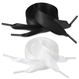 Geosar Satin Ribbon Shoelaces 2 Pairs Shoe Laces for Trainers Flat Shoe Laces Boot Shoe Laces Adult Shoelaces, 0.79 Inches(Black, White)