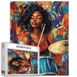 Rock Music Girl 1000 Piece Jigsaw Puzzles for Adults Black Woman Musican Painting Jigsaw Puzzle Africa Female 1000 Pieces Puzzles Game Girl Playing Musical Equipment Wall Decor DIY Craft Puzzle Art