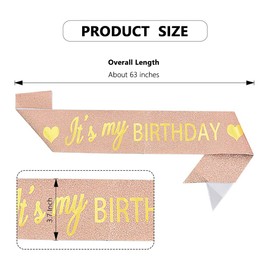 Vuzvuv Birthday Sash with Glitter and Foil Letters - Perfect for Women, Men, and Kids' Birthday Parties - Rose Gold