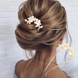 mdgfge Gold U Shaped Hair Pins Vintage Metal Hair Fork Pins Elegant French Hair Forks Curved Moon Pearl Flower Sparkly Bun Decorative Hair Accessories for Women Daily Use (5 Pcs)