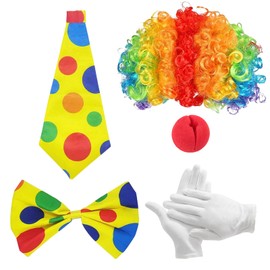 Pack of 5 Clown Costume Accessories, Clown Costume Set, Clown Curly Wig + Clown Nose + Colourful Tie + Colourful Bow Tie + Gloves, Suitable for Easter, Art Event, Carnival Costume