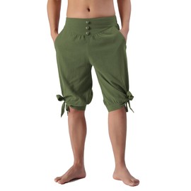 JIEFULL Men’s Renaissance Viking Pirate Shorts, Medieval Linen Banded Pants Halloween Colonial Costume(Army,M)