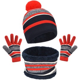 3Pcs Hat Scarf and Glove Set for Kids Boys Age 3-6 Winter Knit Pom Beanie Neck Warmer Gloves Set with Warm Fleece Lining