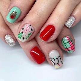 Vopintpy Cute Elk Christmas Tree Press on Nails Medium Square Fake Nails Glossy Winter Xmas Glue on Nails with Lines Design Reusable Full Cover Stick on Nails for Women DIY Manicure