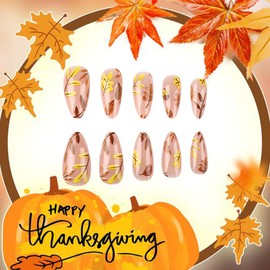 24Pcs Maple Leaves Press on Nails Medium Almond Shape Fall Fake Nails With Designs Reusable Maple Leaf False Nails Stick on Nails Autumn Winter Acrylic Nails Full Cover Nail Tips for Women Girls