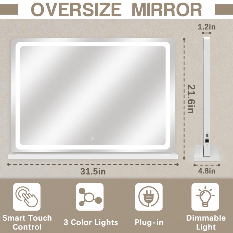ROLOVE Vanity Mirror with Lights, 32" x 22" Large Lighted