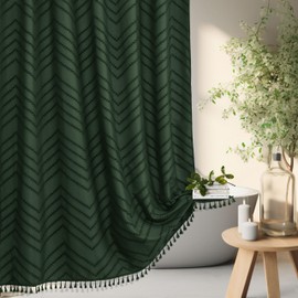 Boho Shower Curtain with Tassel Woven Fabric Dark Green Shower Curtain 72 x 72 Modern Farmhouse Textured Tufted Chevron Striped Minimalist Bathroom Shower Curtain
