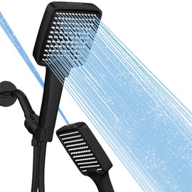 SELLO Matte Black Shower Head with Handheld, High Pressure Handheld Shower Head with Push Button, 5''Square Detachable Shower head with 59“ Stainless Steel Hose and Adjustable Showerhead Holder