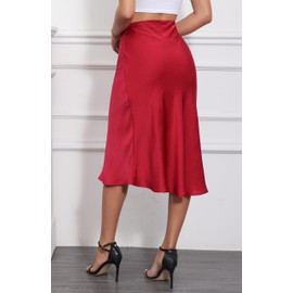 ALCEA ROSEA Womens Midi Satin Silky Skirt Elastic High Waisted A-line Elegant Wedding Skirts AR7302 (Red, L)