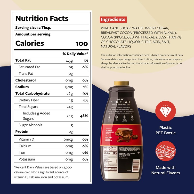 Torani Puremade Dark Chocolate Sauce for Coffeehouse Drinks and Desserts,