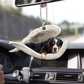 Talataca Bernese Mountain Sleeping Angel Wing Memorial Dog 2D Flat Car Rear View Mirror Accessories Christmas Tree Ornament Decoration Hanging Charm Interior Rearview Pendant Decor Gift