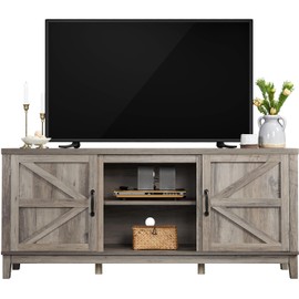 Topeakmart TV Stand for TVs up to 65 in with Double Storage Cabinets and Adjustable Shelf, Farmhouse Entertainment Center with Doors for Living Room, Grey