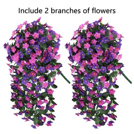 Artificial Fake Hanging Flowers Plants Vines for Outdoor Summer Decoration, 2PCS Faux Silk Orchid Long Stems Look Real UV Resistant for Home Outside Garden Wall Indoor(Dark Purple and Fuchsia)