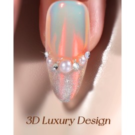 Swooflia Short Almond Press On Nails Mirror – Medium Cute Metallic Rose Glitter Pearl Fake Nail Aurora Metallic Acrylic Artificial Flase, Reusable Handmade Strong Thick Manicure Finger-M