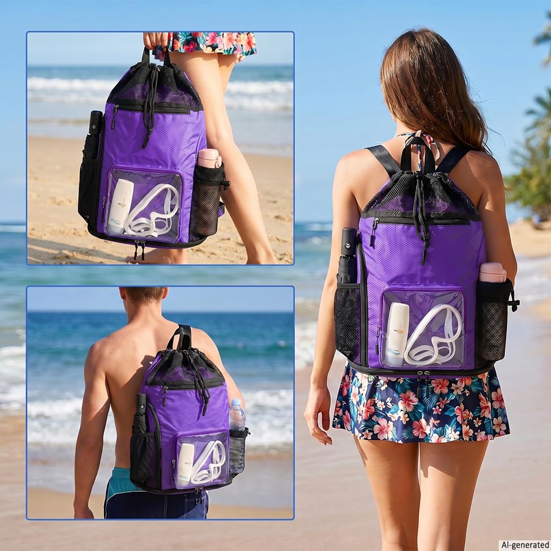 YUHAN PRETTY Mesh Beach Backpack Sandproof Waterproof Drawstring Backpack with