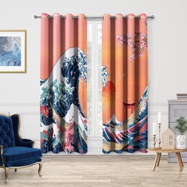 Jekeno Great Wave Blackout Curtains, Japanese Kanagawa Ocean Boat Decor, Cherry Blossom Sunset Shrine Gate Theme Grommet Window Drapes for Bedroom Living Room, 42 Wide 54 Long inches 2 Panels