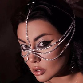 Fdesigner Rhinestone Head Chain Mask Vintage Headpieces Masquerade Hair Jewelry Costume Hair Accessories for Women ((Silver-Vintage)