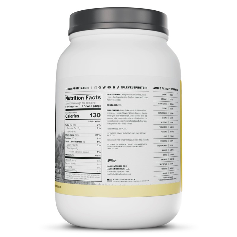 Levels Grass Fed Whey Protein Powder, No Artificials, 24G of