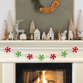 Knomeko Green Christmas Garland Decorations, Red & Green Peppermint Felt Wood Beads Garland - Green Themed Christmas Felt Garland for Mantle, Tree, or Wall Decor - Christmas Garland Home Decorations
