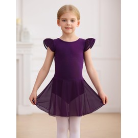 MdnMd Girls Dance Ballet Leotards Dresses for Toddler Ballerina Outfit Skirt Hollow Knot Back Flutter Sleeve (Dark Purple, 4-6 Years)
