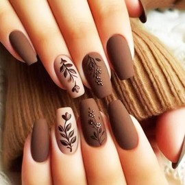 Brown Rose Press on Nails Medium Coffin Valentines Acrylic Fake Nails 24Pcs Glossy White Flower False Nails Leaves Stick on Nails Valentine's Day Gift Gel Glue on Nails for Women Girls