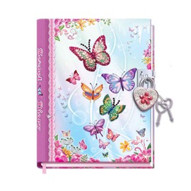 DUDUBUY Butterfly Garden Secret Diary with Lock 7" Journal Notebook with 300 Sided Lined and blank Pages With Gem Studded Heart Shaped Padlock and 2 Keys for Girls Kids Ages 5-12