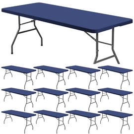 12 Pcs Spandex Picnic Table Cloth, Elastic Fitted Tablecloths for 8 Foot Rectangle Tables, Washable Patio Table Top Cap Cover for Indoor, Outdoor, Camping, Banquet, Parties (Navy Blue, 30"x96")