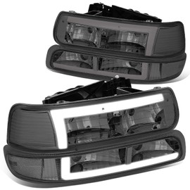 DNA MOTORING 4-HL-SILV99-DRL-SM-CL Pair of 3D LED L Running Lights Headlights & Bumper Lights Compatible with 99-02 Silverado 1500 2500,Smoked Lens