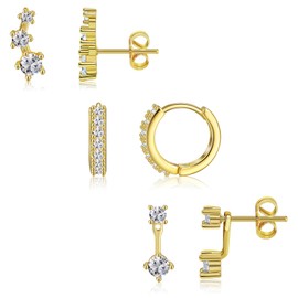 FANCH 3Pairs Gold Stud Hoop Earrings Set for Women 14K Gold Plated Small Stud Huggie Hoop Earrings for Multiple Piercing Dainty Hypoallergenic Earring for Sensitive Ears Cartilage Earrings