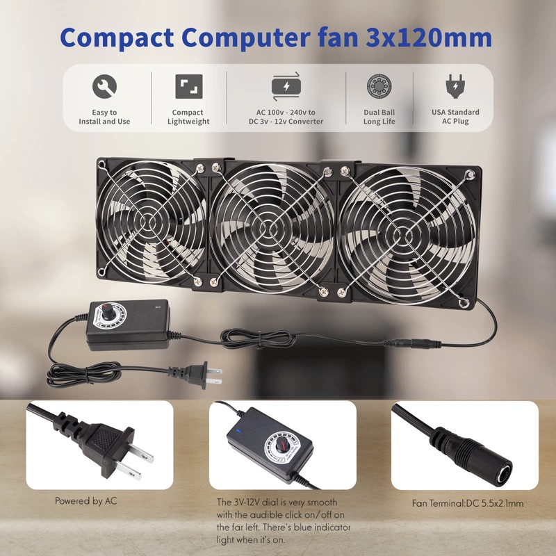 KEYFANCLUB 3X 120mm 12V Computer Fan with DC to AC