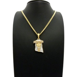 Sparkled Stone Stud Jesus Face Pendant 24" Various Chain Necklace in Gold Silver Color Tone (3mm 24" Cuban Chain)