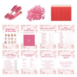 Baby Shower Games for Girl or Boy -240PCS 8Games, Bingo Cards for Guests, Baby Shower Word Scramble etc, Pink