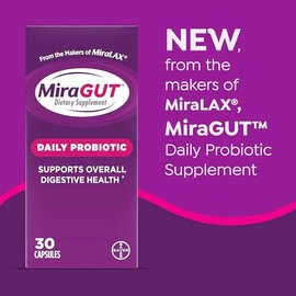 MiraGUT Daily Probiotic, from the Makers of MiraLAX, Probiotics for Digestive Health, Gluten-Free Supplement, Probiotic for Women and Men, Support Ove