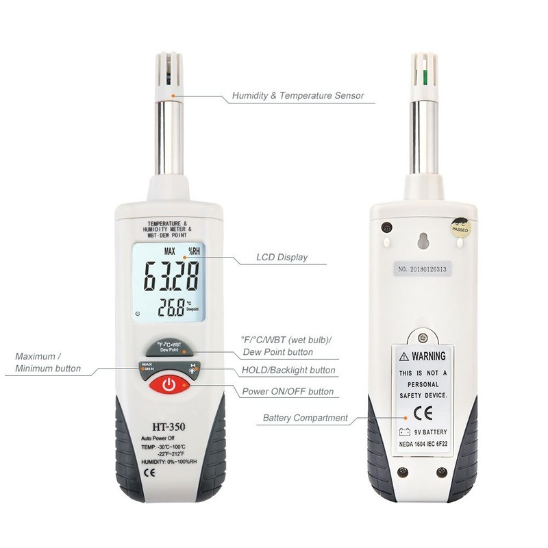 Hygro-Thermometer Psychrometer, Handheld Digital Humidity Temperature Meter with Dew Point