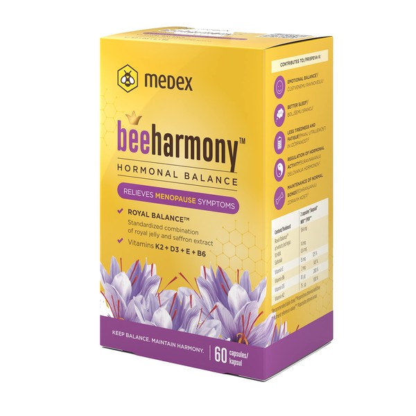 Medex BeeHarmony Capsules for Menopause, Natural Hormonal Balance, with Royal Jelly, Saffron, Vitamins K2, D3, E and B6, 60 Capsules, for 30 Days
