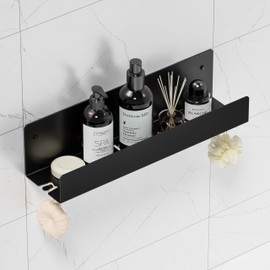 Qeke Shower Caddy, 16" Bathroom Shower Shelf Organizer with 2 Hooks, SUS304 Stainless Steel Floating Shower Shelves with Large Capacity, Rustproof Shower Rack for Inside Shower, Matte Black