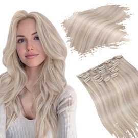 Ugeat Clip in Hair Extensions Real Human Hair Ash Blonde 20 Inch Human Hair Extensions Clip in Bleach Blonde Highlight for Women Straight 120G #18/613
