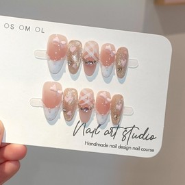 TENPAL Reusable Almond Press on Nails Medium,Pink Cat Eye Glitter Fake Nails with Polka French Tips,Hand-Painted Hearts & 3D Bow Rhinestones False Nails,Princess K-Beauty Nails Full Manicure Kit(S)